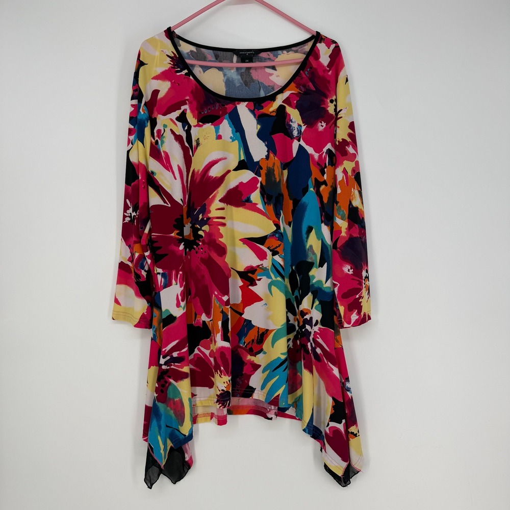 Investments II Tunic Womens 2X Multicolor Floral Sharkbite Art to Wear Vibrant